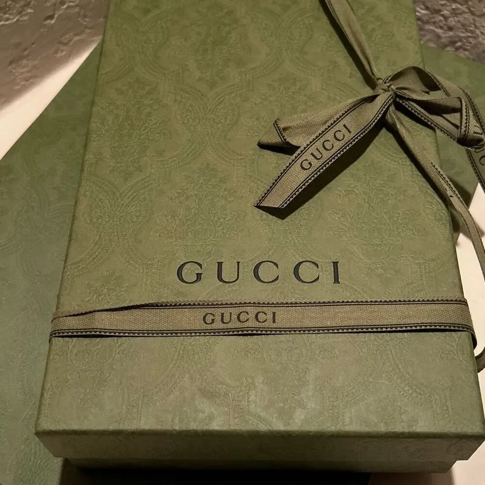 Gucci Shopping Bag Box & Ribbon Olive Green Gift Set Wrapping Small Size